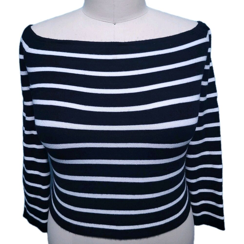 Forever 21 Sweater Womens 0X Black White Striped Cropped Fitted LS Boho Peasant